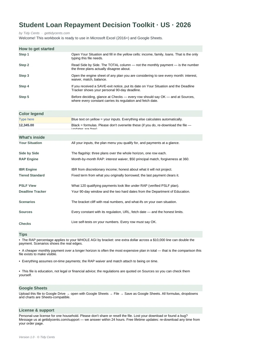 Student Loan Repayment Decision Toolkit — RAP vs IBR vs Standard · US · 2026 — Page 1