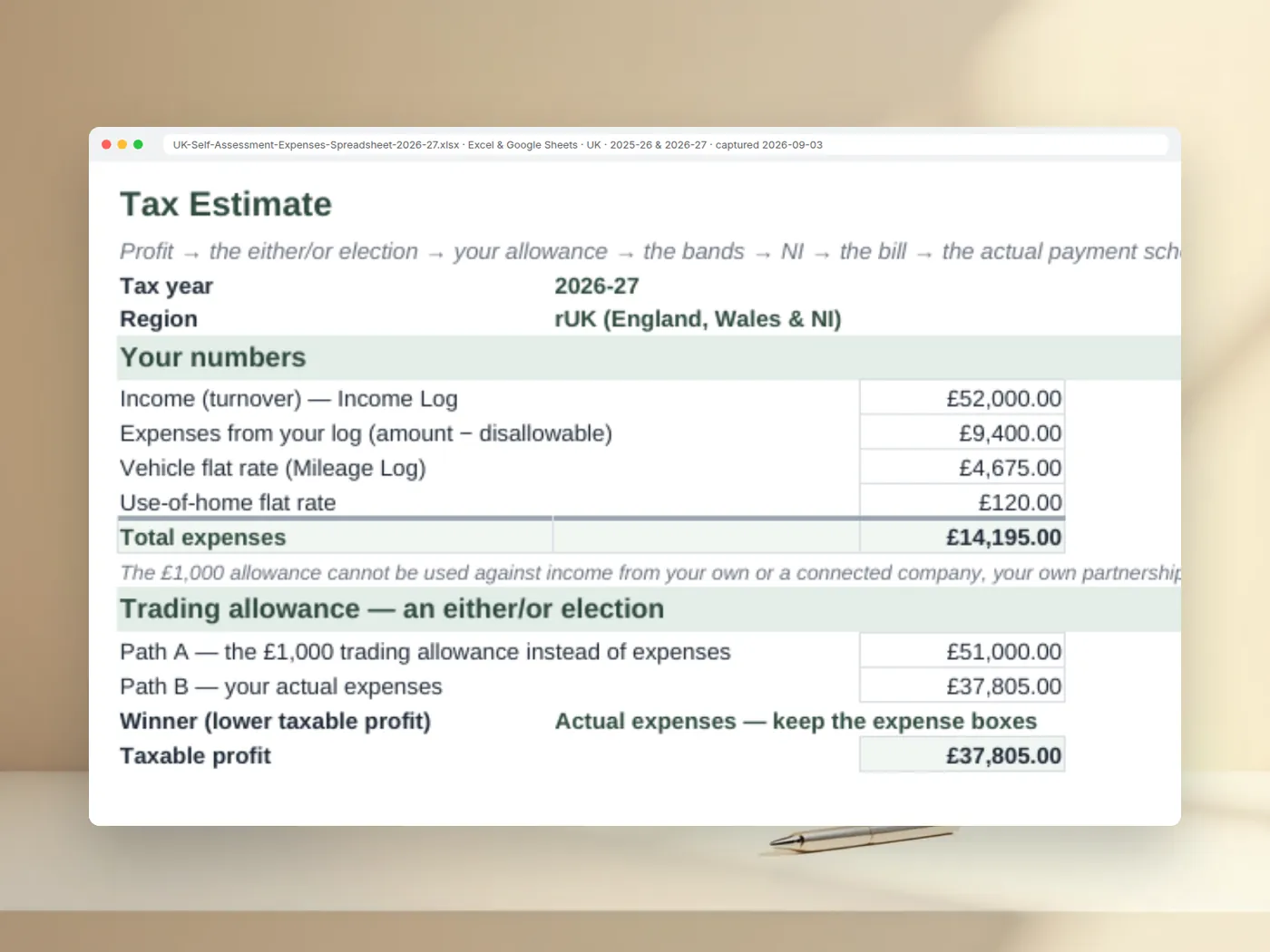 UK Self Assessment Expenses Spreadsheet — every entry to its SA103F box · UK · 2025–26 & 2026–27