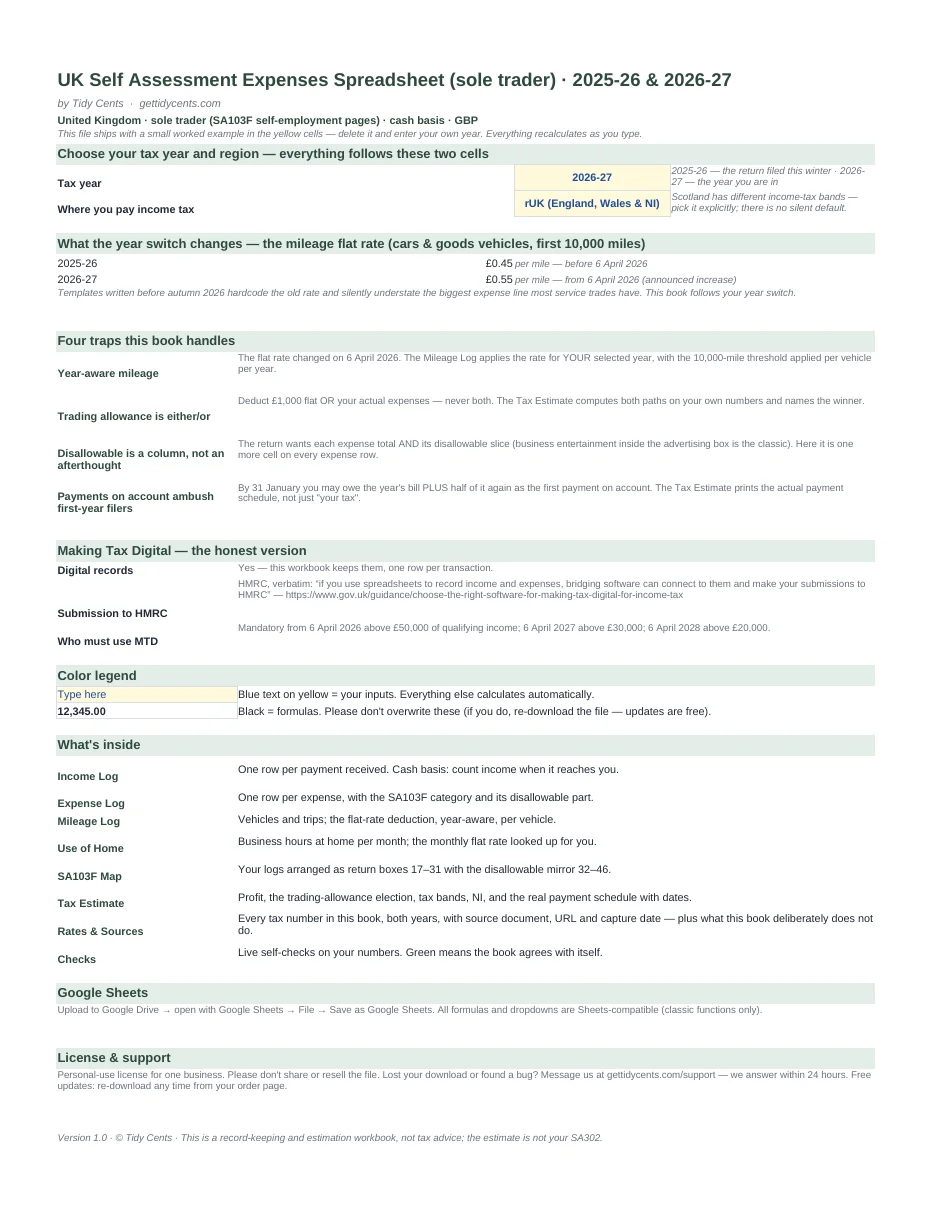 UK Self Assessment Expenses Spreadsheet — every entry to its SA103F box · UK · 2025–26 & 2026–27 — Page 1