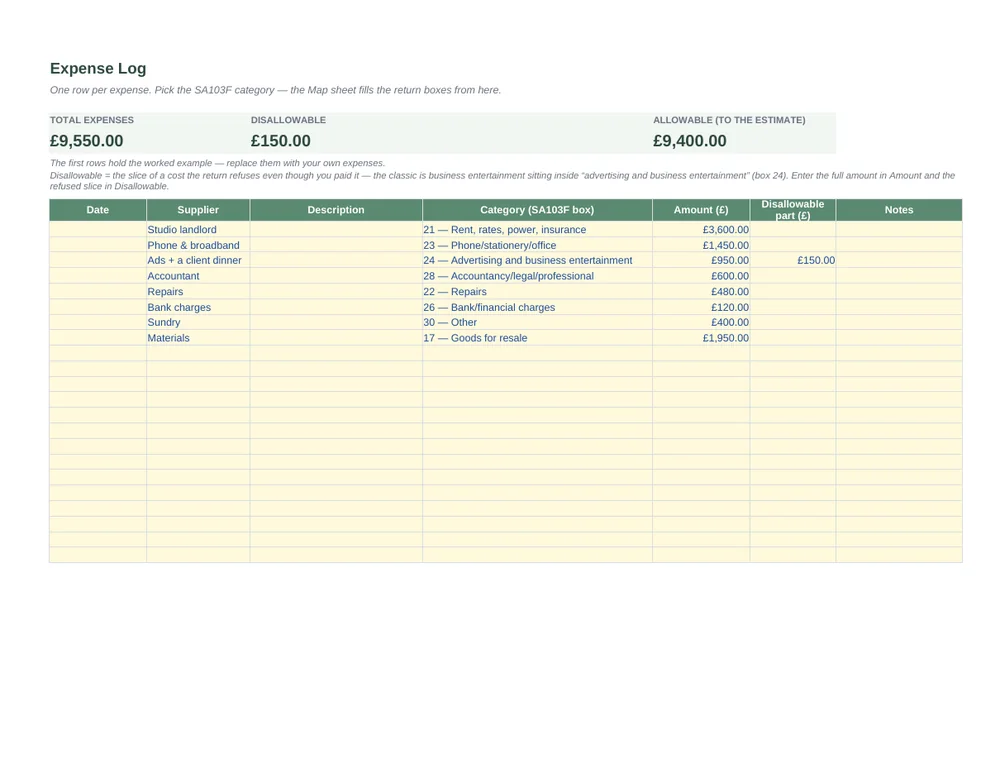 UK Self Assessment Expenses Spreadsheet — every entry to its SA103F box · UK · 2025–26 & 2026–27 — Page 3